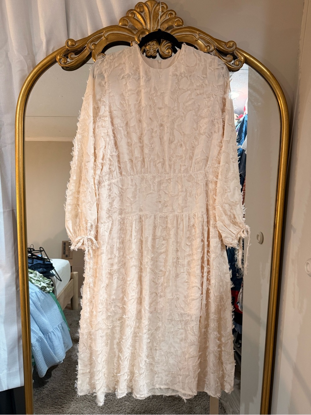 Beige Fringe-Detail Midi Dress
